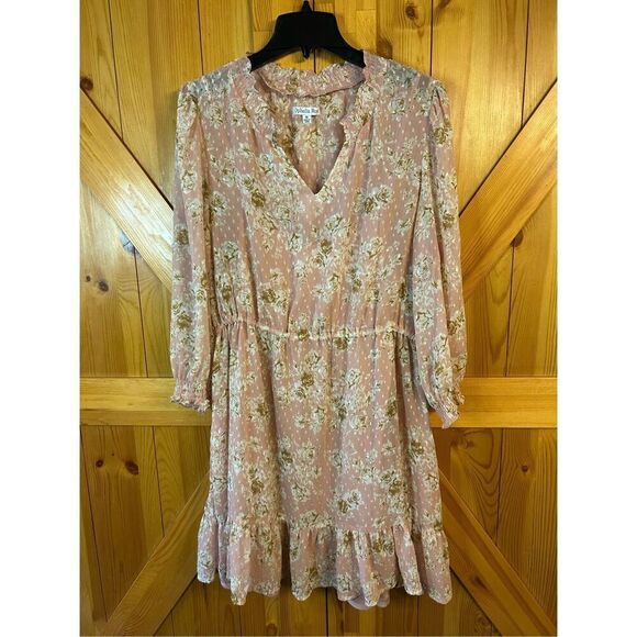 Ophelia Roe Pink Floral Long Sleeve Semi Sheer Lined Ruffle Dress Short Sz 1X (0 - Picture 1 of 7